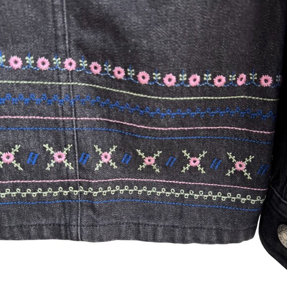 Denim & Co Womens Floral Embroidered Charcoal Gray Button-Up Denim Jacket New S - Picture 7 of 9
